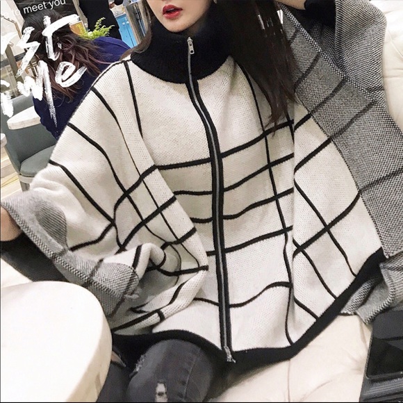 Plaid Knit Zip Front Poncho Cape - Picture 2 of 8